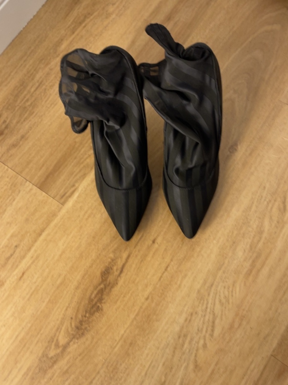 Black Pointed Ballet Flats with Sheer Ankle Tie